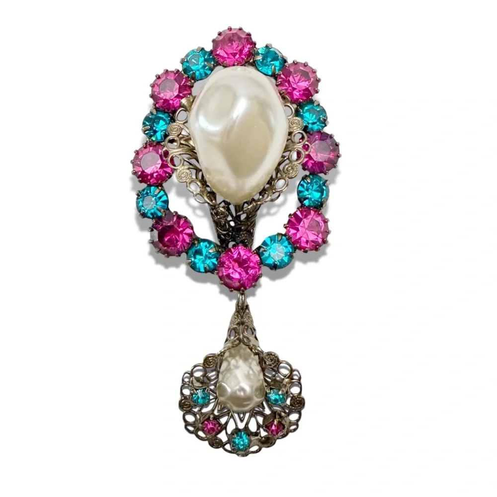 Vintage Large Baroque Faux Pearl Pink Aqua Rhinestone Filigree Drop Brooch